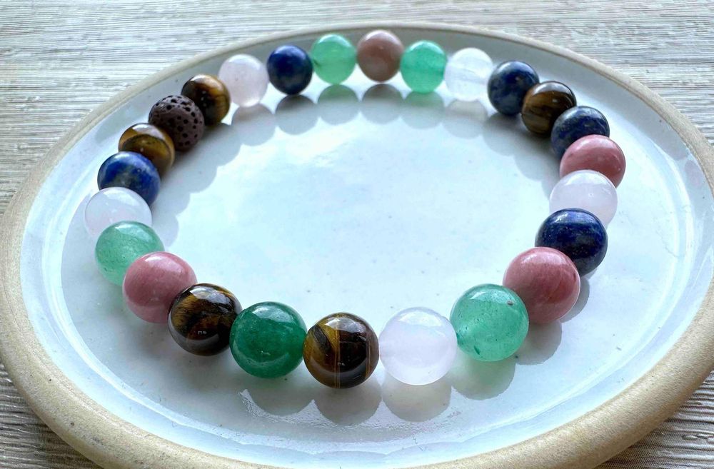 taurus crystal zodiac bracelet with tigers eye, aventurine, rose quartz, rhodonite and lapis lazuli