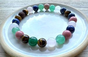 taurus crystal zodiac bracelet with tigers eye, aventurine, rose quartz, rhodonite and lapis lazuli