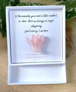 Sympathy grief and loss rose quartz angel gift in a white gift box with message, the holistic hamper crystals