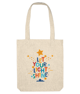 let your light shine tote bag natural, positive quote gifts, the holistic hampe