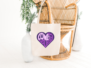love yourself heart bubble writing tote bag for women natural hanging on a chair
