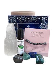 Joint and muscle pain crystal set with face mask, chip bracelet, four tumble stones and a selenite tower