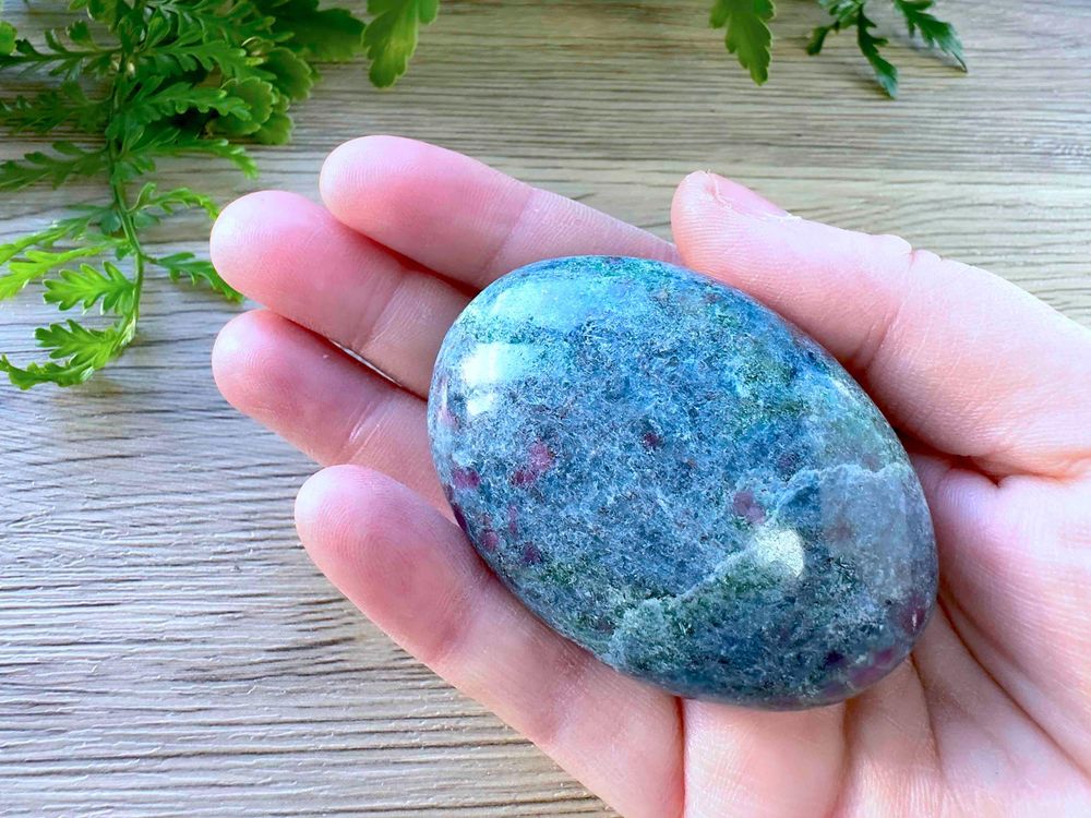 Ruby In kyanite palm stone, blue and ruby red, love, passion, protection