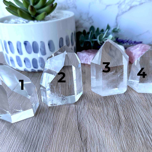 four clear quartz high quality points with numbers for each point