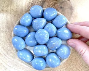 blue Angellite crystal tumbled stones on a plate