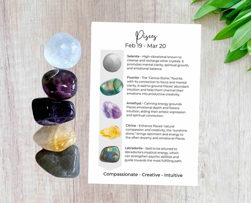 pisces stones crystals set with five tumbled stones and a properties card