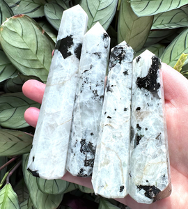 four rainbow moonstone crystal towers black and white with rainbow flash