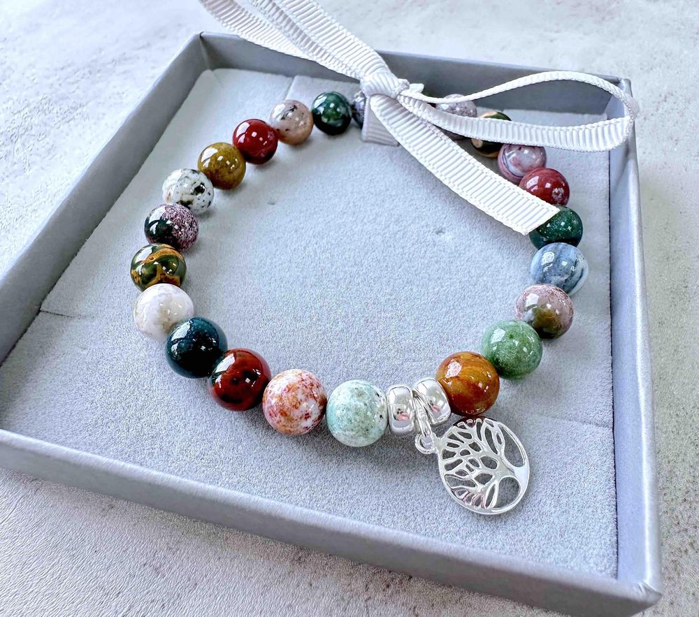 Ocean Jasper crystal sterling silver charm bracelet in box, the holistic hamper crystals UK