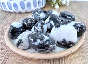 zebra jasper black and white tumble stones on a dish from the holistic hamper