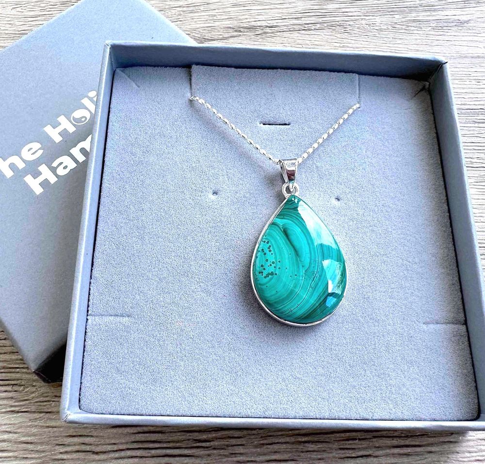 Green Teardrop malachite pendant on a silver chain in a gift box
