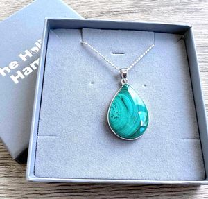 Green Teardrop malachite pendant on a silver chain in a gift box