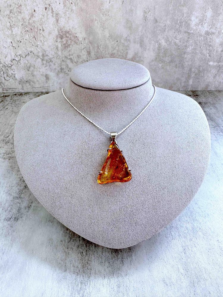 triangular genuine Amber sterling silver pendant on a chain