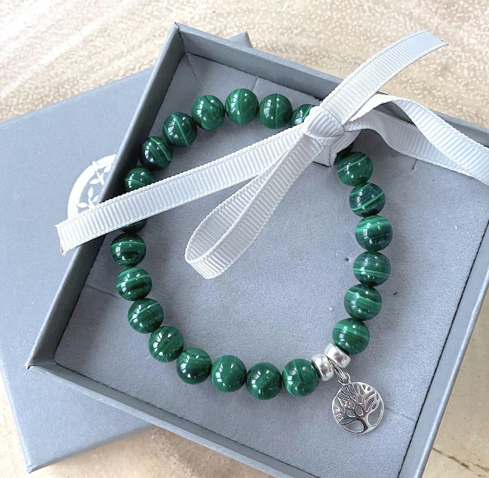 Malachite crystal sterling silver charm bracelet in box, the holistic hamper crystals