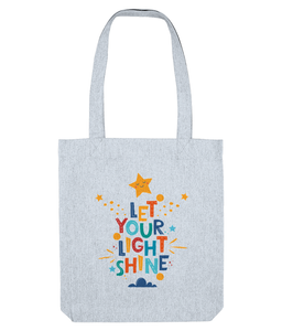 let your light shine tote bag pastel blue, positive quote gifts, the holistic hampe