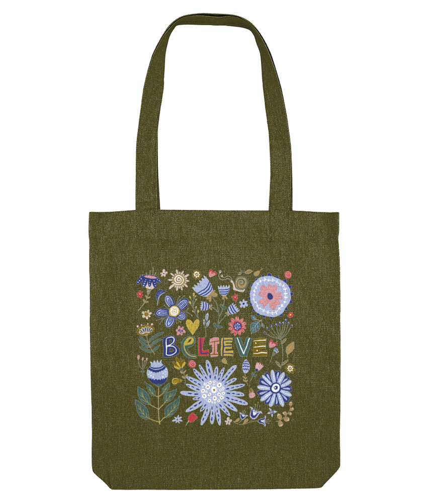 olive green believe tote bag for women and girls, the holistic hamper