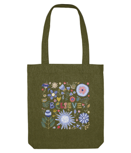 olive green believe tote bag for women and girls, the holistic hamper
