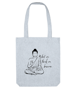 Buddha tote bag pile blue with what we think we become quote, the holistic hamper
