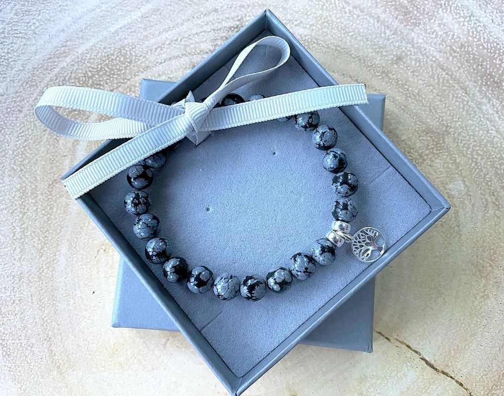 Snowflake Obsidian silver charm bracelet in box, the holistic hamper crystals uK