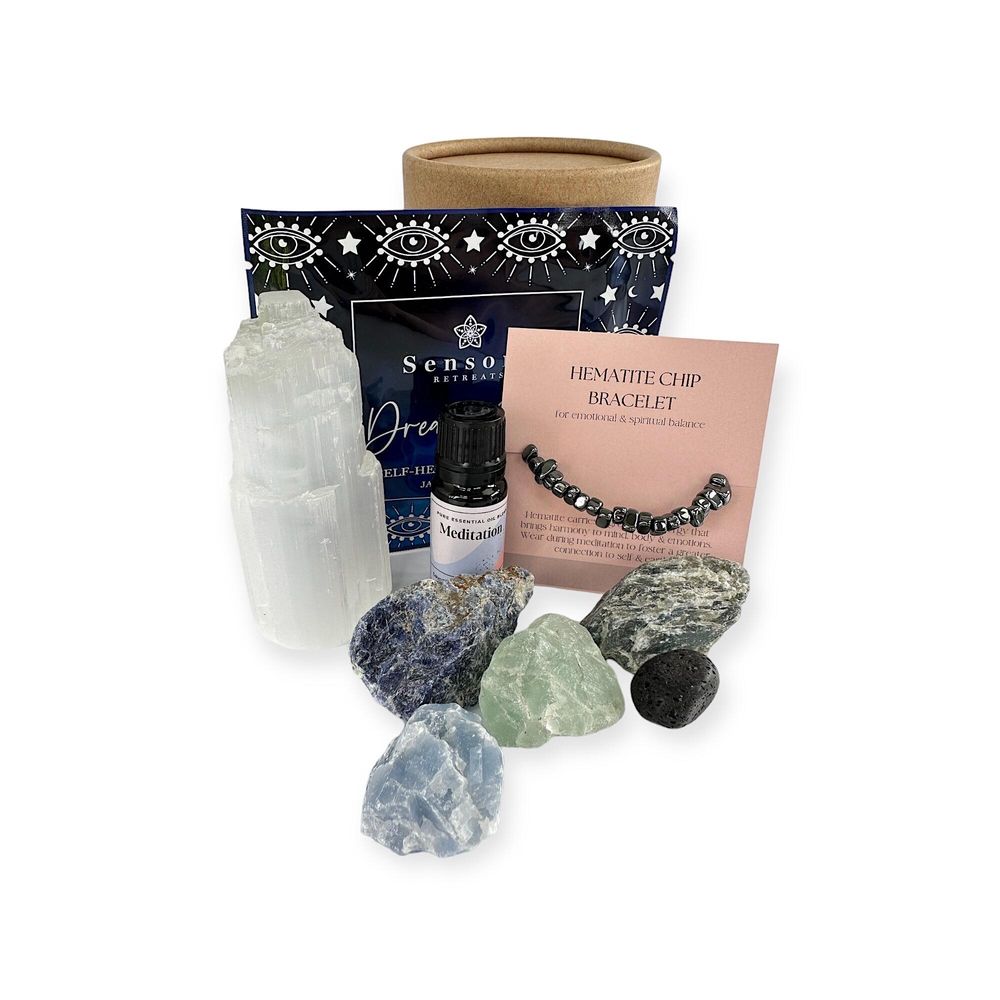 spirituality crystal gift set with dreamy eye mask, selenite tower, hematite bracelet, four rough crystals, mediation blend and lava tumble stone