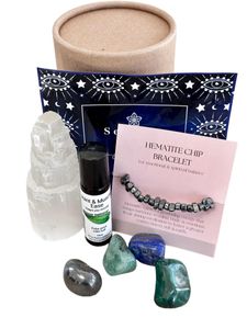 Joint and muscle pain crystal set with face mask, chip bracelet, four tumble stones and a selenite tower