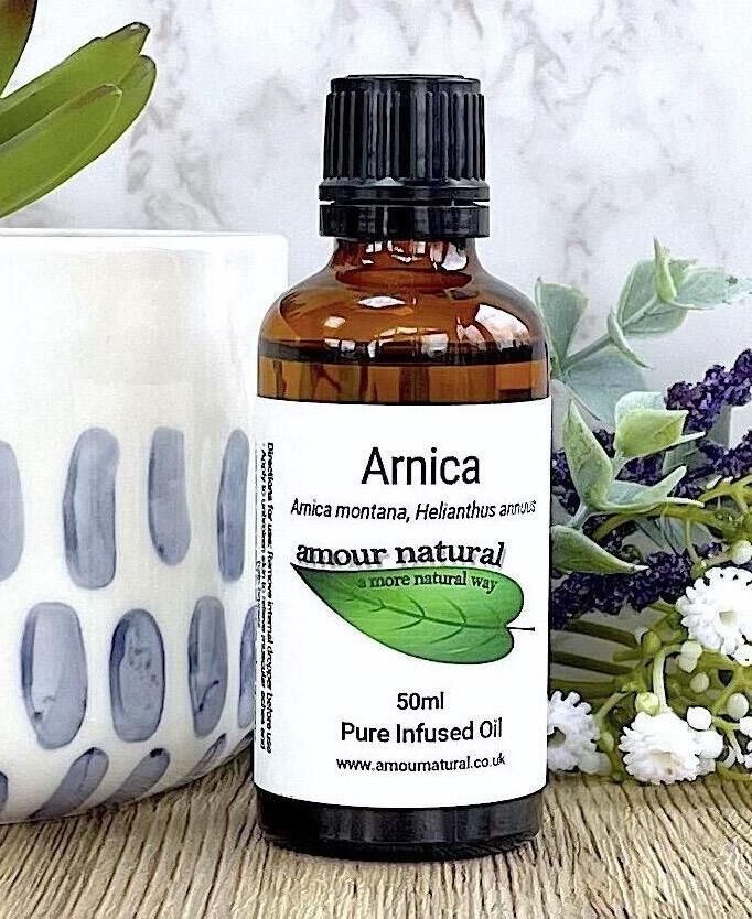 arnica infused oil 50ml in brown bottle, the holistic hamper skincare