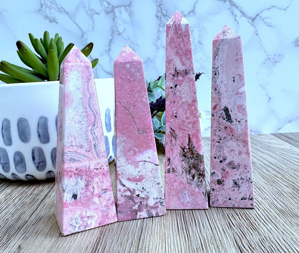 High quality pale pink rhodonite obelisk, The Holistic Hamper Crystals UK
