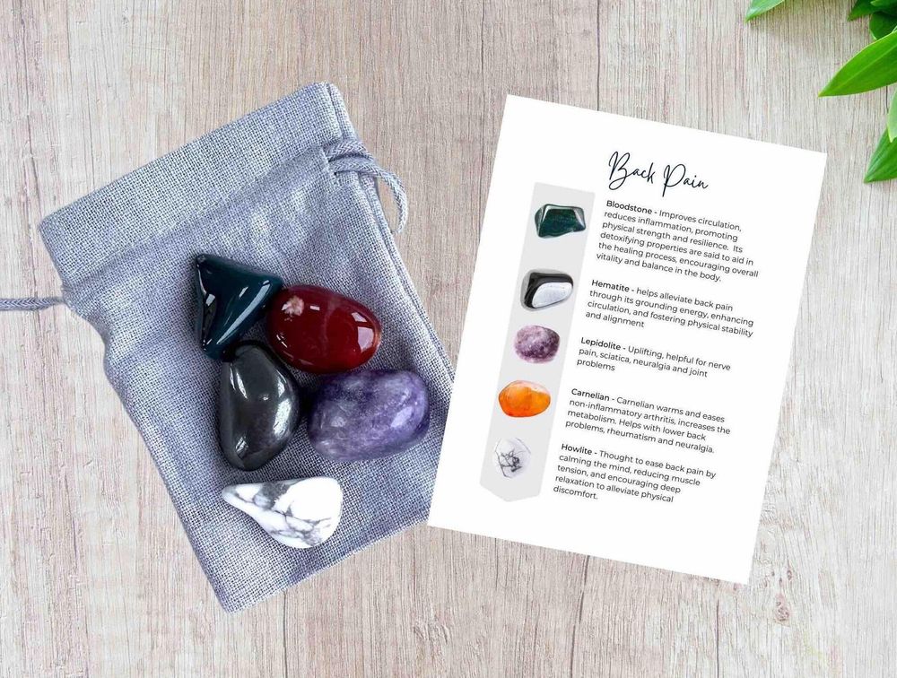 back pain five tumbled stones crystal set with properties card and gift bag