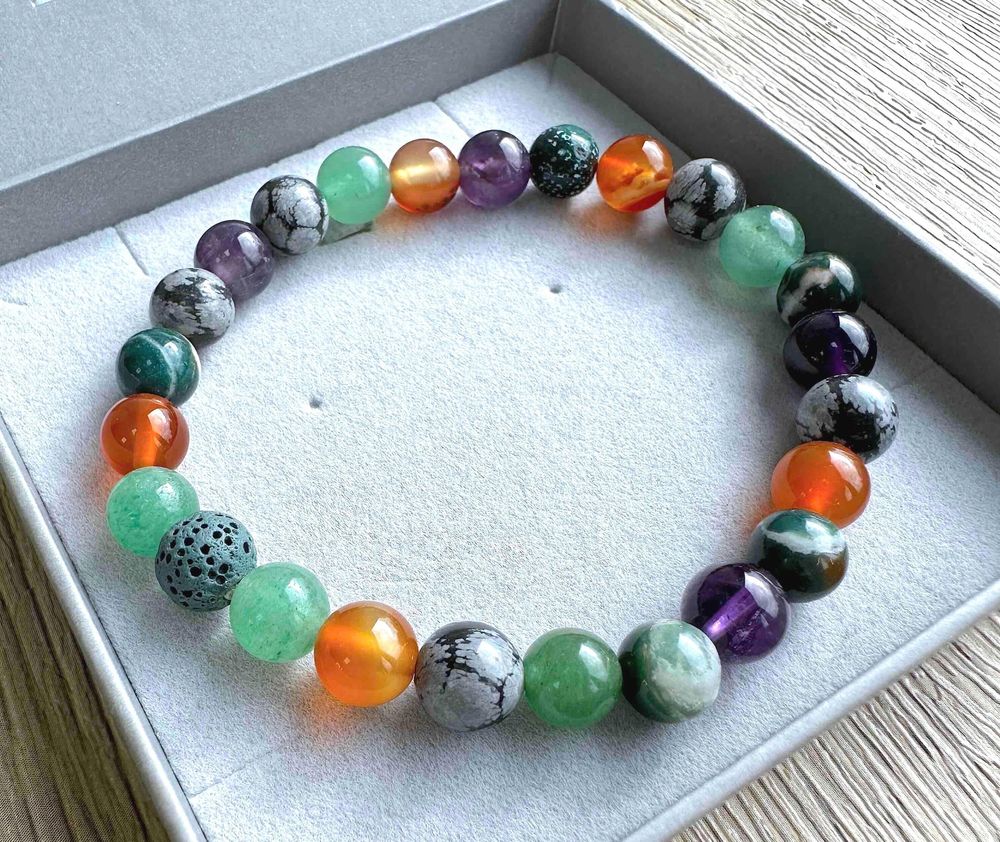 Virgo crystal bracelet with carnelian, snowflake obsidian, aventurine, tree agate and amethyst in box