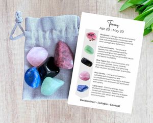 Taurus crystals set for zodiac sign the bull, five tumbled stones and crystal properties card