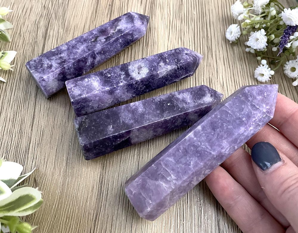 purple mica lepidolite crystal towers set of 4 from The holistic hamper UK crystal shop