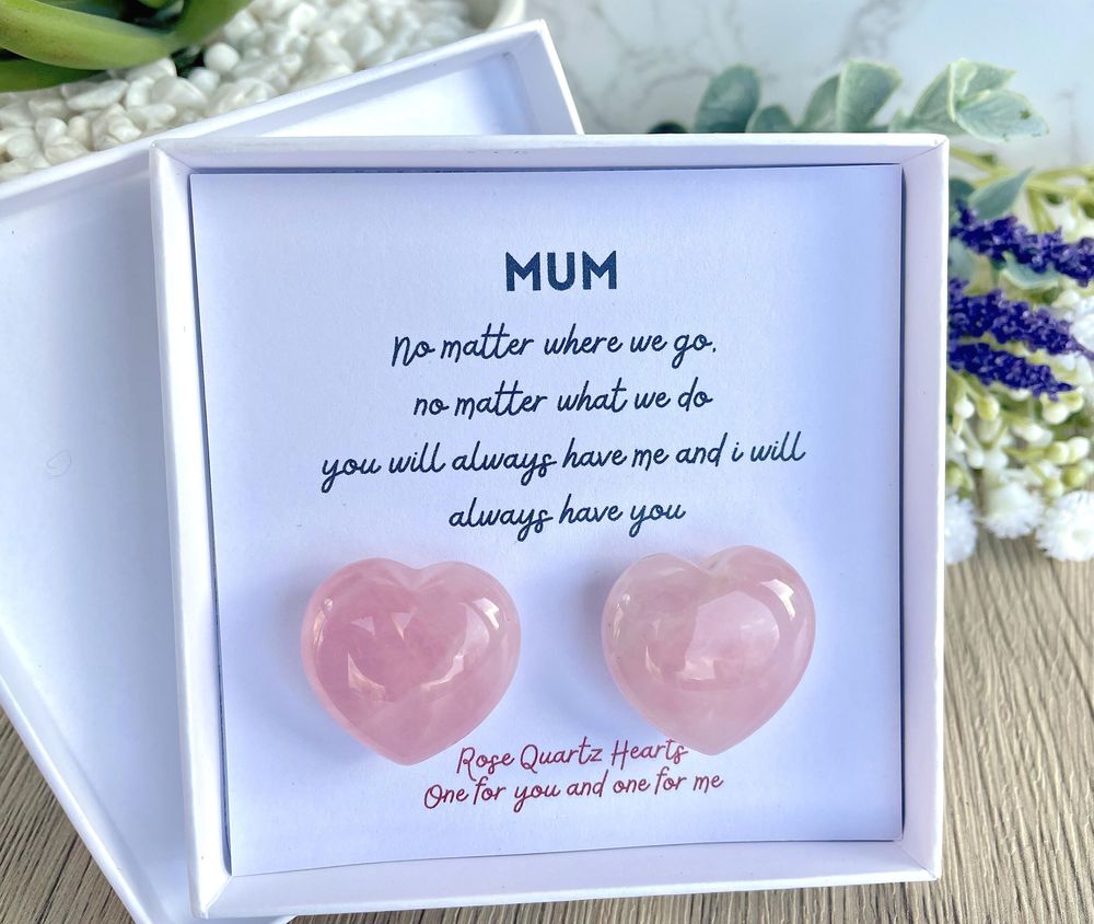 mum crystal gift box with two rose quartz hearts and a poem, the holistic hamper UK crystal shop