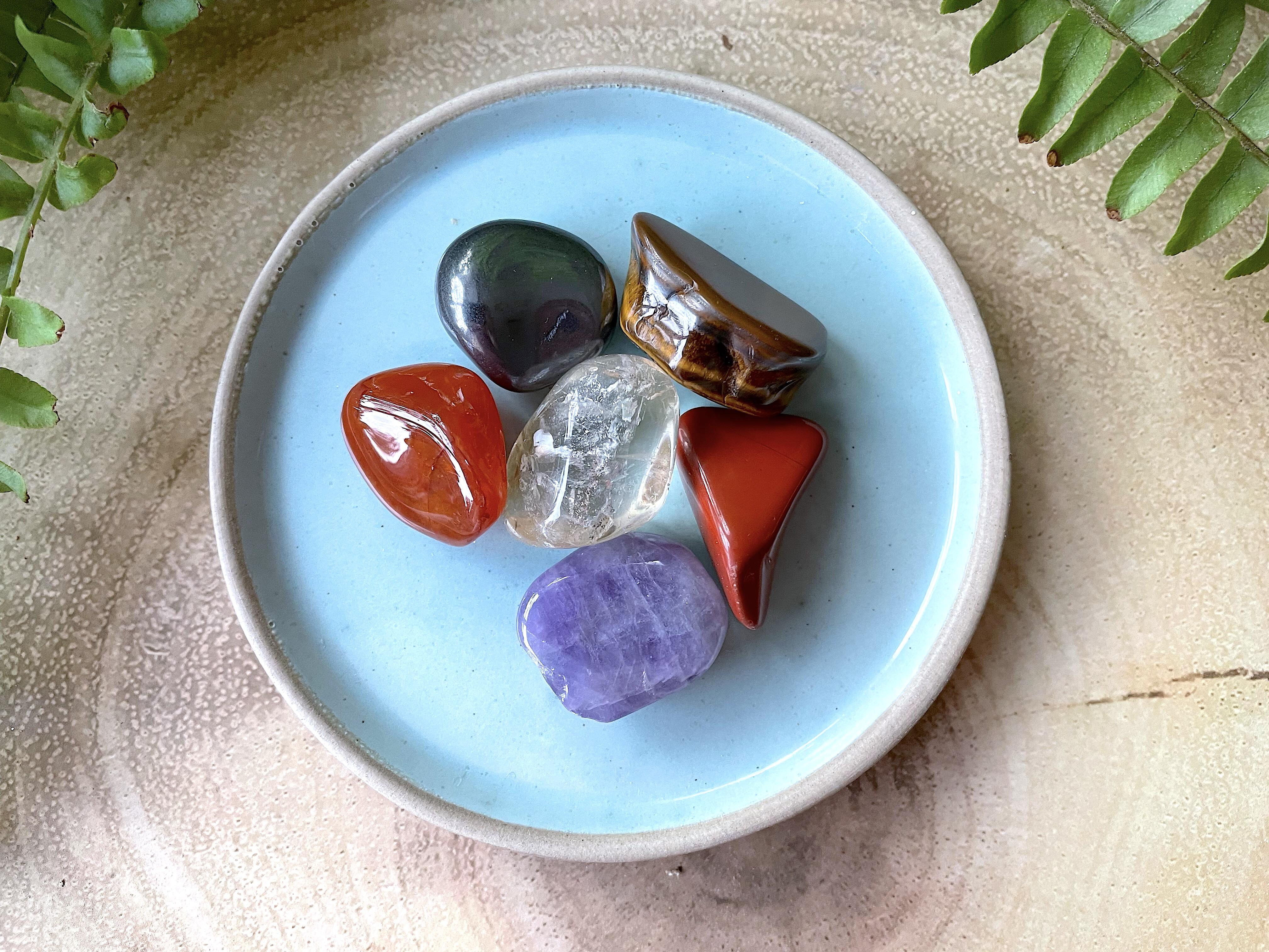 mens healing crystal set on a dish