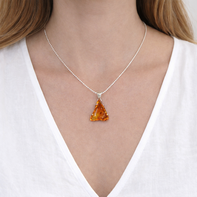 Amber Pendant | Sterling Silver Fossilised Resin Crystal Necklace