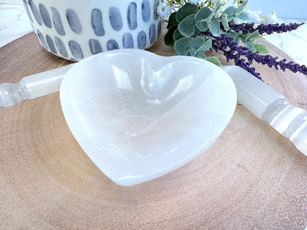 white selenite heart bowl