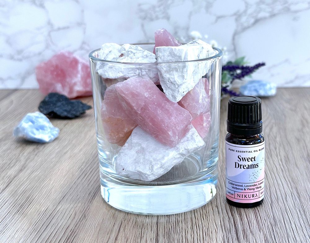 howlite and rose quartz calming crystal diffuser with lava tumble stone with essential oil blend
