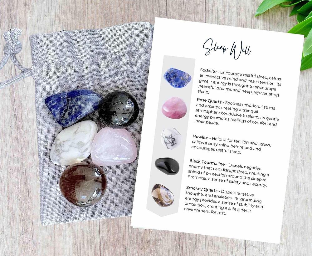 Sleep and insomnia crystal set of five tumbled stones and crystal properties card