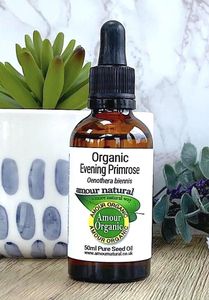 organic evening primrose oil 50ml in brown bottle with  dropper, the holistic hamper