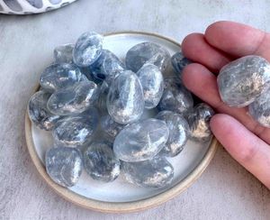 Celestite tumble stones blue on a dish 1.5-2.5 cm