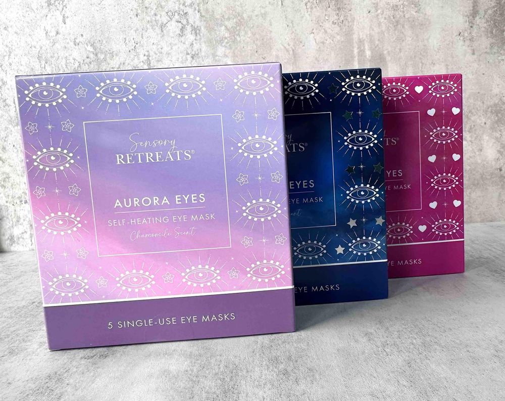 self heating eye masks boxes, three types, aurora, dreamy and amour