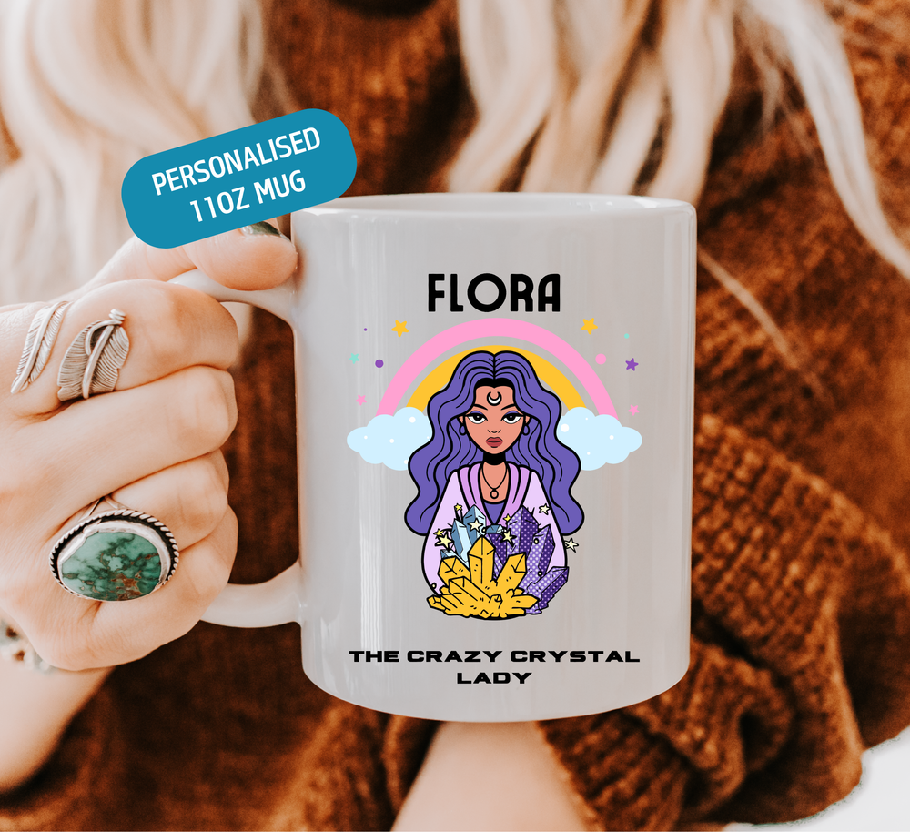 personalised crazy crystal lady mug, white ceramic in hand