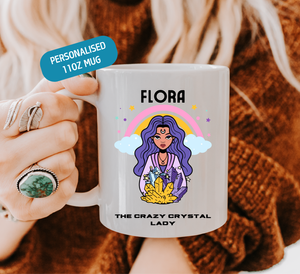 personalised crazy crystal lady mug, white ceramic in hand