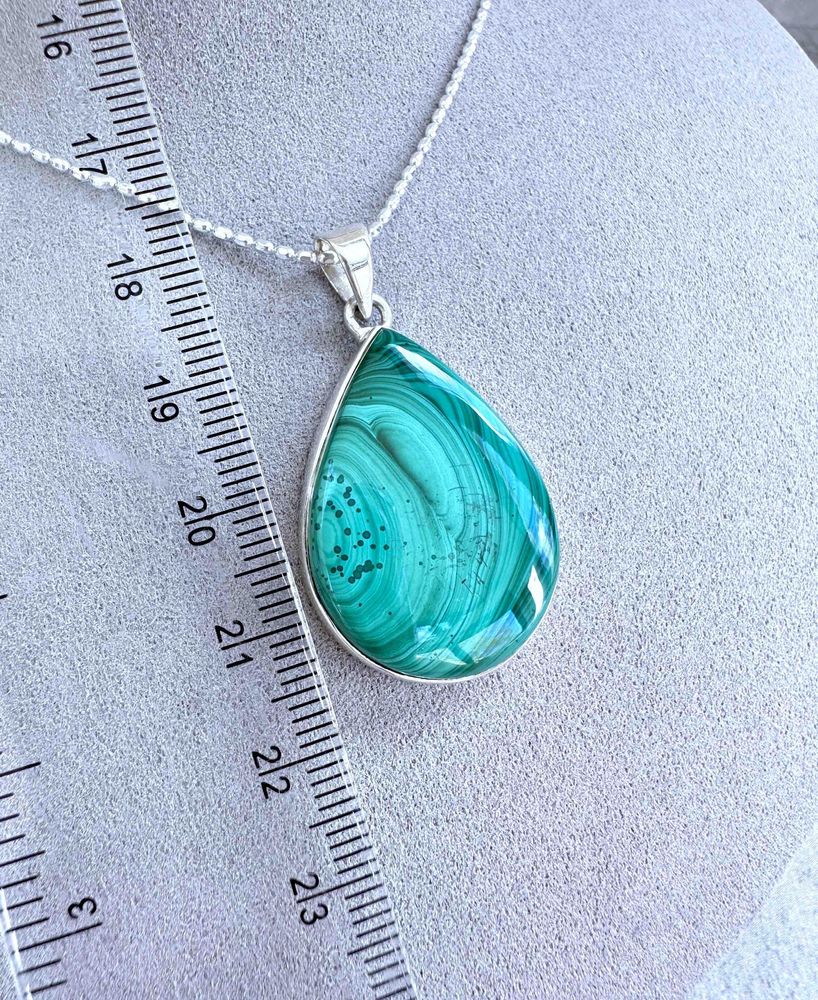 genuine green malachite crystal pendant with sterling silver mount and optional chain showing ruler for sizing
