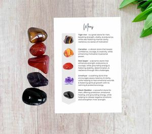 Men’s Crystal Set for Strength, Focus & Protection with five polished tumbled stones and properties card