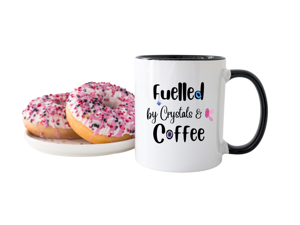 Fuelled by Crystals and coffee mug with dough nut display The Holistic Hamper UK Online Shop