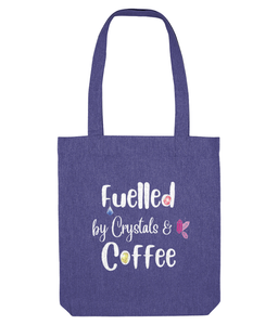 purple Fuelled by crystals and coffee tote bag, UK online crystal shop