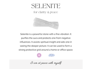 White Selenite crystal hearts information card from The holistic hamper crystal shop UK