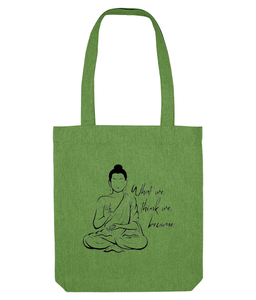 Buddha tote bag kiwi green with what we think we become quote, the holistic hamper