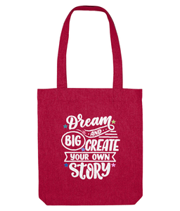 cranberry red cotton tote bag with dream big quote