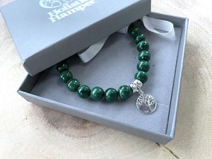 Malachite crystal sterling silver charm bracelet in box, the holistic hamper crystals