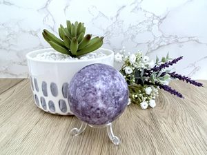 purple mica lepidolite crystal sphere on stand, the holistic hamper crystals UK online shop